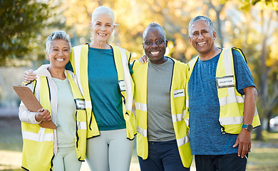 Image showing Clipboard, volunteering portrait and people in park for cleaning, community service or gardening checklist. Environment, group teamwork and senior woman or friends in ngo or nonprofit project outdoor