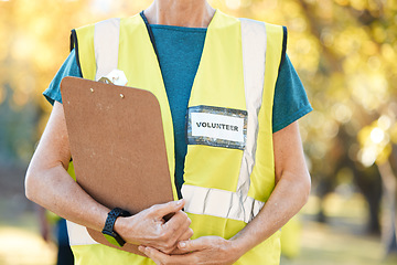 Image showing Clipboard, volunteering and person in park for cleaning, community service and pollution or sustainability checklist. Gardening, inspection and people hands for ngo or nonprofit, outdoor and nature
