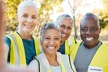 Image showing Selfie, volunteering portrait and people in park for cleaning, community service or gardening on social media or blog. Environment, NGO group and senior woman or friends in a profile picture outdoor