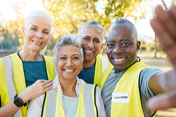 Image showing Volunteering portrait, selfie and people outdoor for cleaning, community service or gardening on social media or blog. Environment, NGO group and senior woman or friends in a profile picture in park