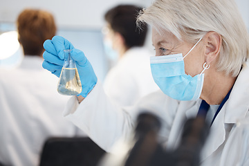 Image showing Science, sample and a senior doctor woman at work in a laboratory for research or innovation in healthcare. Face, covid mask and a mature female scientist working in a lab for medical development