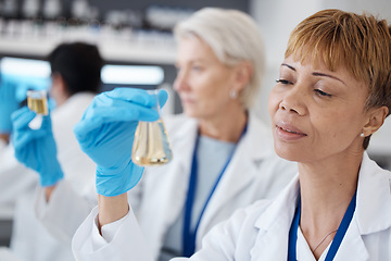 Image showing Essential oil, development and scientist in a lab doing research organic and natural fragrance in a clinic. Serum, treatment and collagen expert working on a skincare, perfume or beauty product