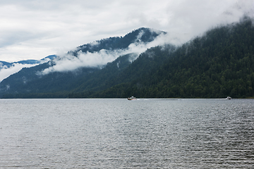 Image showing Foggy Teletskoye lake in Altai mountains