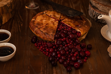 Image showing Berries pie with fresh berries and jam