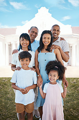 Image showing Big family, portrait and smile at new home, outdoor and bonding together. Happy, grandparents and mother, father and children having fun, care and enjoying quality time in backyard with generations.