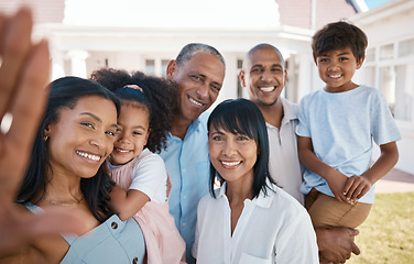 Image showing Big family, portrait and selfie smile outdoor, bonding and together in home backyard. Face, grandparents and mother, father and children taking profile picture for social media, happy memory and love