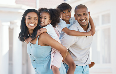 Image showing Portrait, family and piggyback outdoor, smile and bonding together in house backyard. Happy, mother and father carry children, playing and enjoying quality time with love, care or excited on vacation