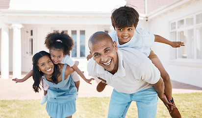 Image showing Family, portrait and piggyback outdoor, excited and bonding together in home backyard. Happy, mother and father carry children, playing and enjoying fun with love, care and smile in a summer garden