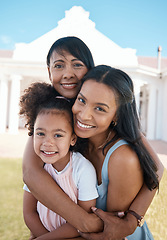 Image showing Mother, smile and portrait of grandma with girl outdoor at home backyard, bonding and having fun. Happy, face and grandmother, mom and child with love, care and family enjoying hug time together.