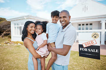 Image showing Family, portrait and smile at new home, outdoor and mortgage for property purchase, building investment and sign. Happy, real estate and mother, father and children with parents moving into house.