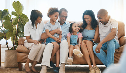 Image showing Family, grandparents and children on a couch, relax and happiness with bonding, home and loving together. Generations, mother and father with kids, lounge and love with joy, quality time and chilling