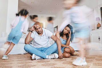 Image showing Running, home and parents with stress, kids and tired with burnout, anxiety and noise in a living room. Mother, father and energetic children in a lounge, adhd and fatigue with motion and headache