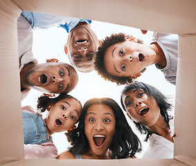 Image showing Family, open box and surprise from below with smile, portrait and circle for present, together and excited in home. Happy men, women and children with package, gift and wow with grandparents in house
