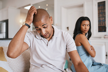 Image showing Couple, fight and stress on living room sofa for worry, mistake or angry with problem in house. Man, woman or depression for conflict, drama or frustrated on lounge couch for cheating, crisis or fail