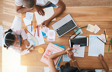 Image showing Top view, home and girl with parents, homework and learning with support, care and bonding at desk. Father, mother and daughter with drawing, education and teaching with technology in family house