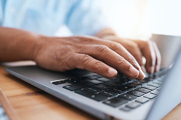 Image showing Laptop, hands and business person typing for online research, editing and copywriting or website management. Professional people, writer or editor working on computer for article, blog or media