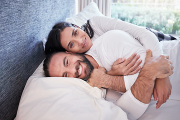 Image showing Happy, couple and portrait together in bed, home or waking up on the weekend, morning or sleeping in on a holiday. Relax, smile and face with happiness or people, lying in room or hug in bedroom