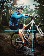 Image showing Man, mountain bike and woods for fitness, training and workout with overlay, red glow or injury with math analysis. Forrest cycling, guy and joint pain with bicycle, holographic data and ride outdoor