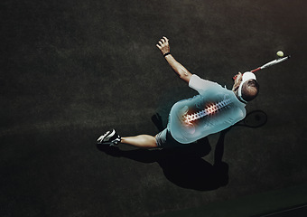 Image showing Tennis player man, back pain and game for fitness with red glow overlay for stress injury, racket and top view. Athlete, court and sports training for contest with emergency, accident or osteoporosis