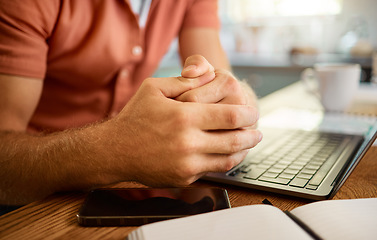 Image showing Man hands, laptop and book for remote work, planning or research in the kitchen. Businessperson, working or entrepreneur with a notebook and computer at a table in the morning in a house