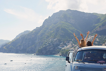 Image showing Car, back view and women at ocean for freedom, vacation and summer travel in Italy. Road trip, van and people at beach for celebration, holiday and friends outdoor at sea coast, journey and tourism.