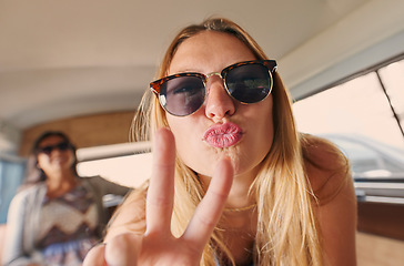 Image showing Selfie, peace sign or portrait of happy woman on road trip with freedom on holiday travel in summer in car. Funny face, cool sunglasses or silly gen z girl tourist for social media on vacation break