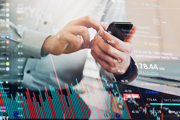 Image showing Phone, overlay and business person and data analysis, stock market results and graphs, charts or finance statistics. Professional people hands with mobile trading, stats report and financial profit