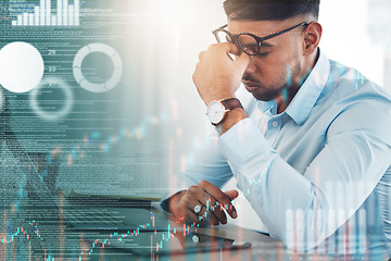 Image showing Tablet, headache and business man in overlay for data analysis, stock market crash and graphs, charts or finance. Stress, tired or angry professional person on digital tech or trading statistics fail