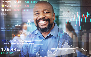 Image showing Stock market, data and portrait of black man with overlay of business, statistics and information on investment. Happy, face and businessman or trader with financial profit, success or analytics