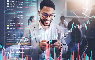 Image showing Phone, overlay and business man with stock market, data growth and graphs, charts or financial statistics in office. Professional person reading on mobile app, trading stats and profit or investment