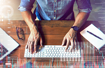 Image showing Overlay, man typing on keyboard with digital hologram and social network connection for online communication. Data analysis or laptop, programming or tech and hand of male person writing an email