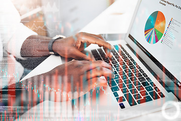 Image showing Stats, overlay and hands on a laptop for charts, work data or research results at a desk. Business, digital cgi and a businessman typing on a computer for investment results, data and analytics