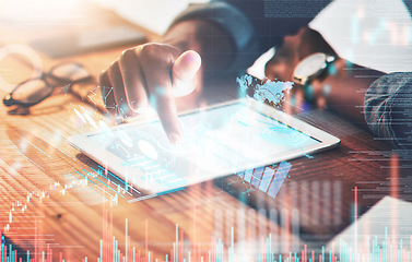 Image showing Overlay, tablet and hand of businessman on stock market, trading with data and statistics of finance, investment or profit. Mobile app, growth of money and hologram of graphs, information or fintech