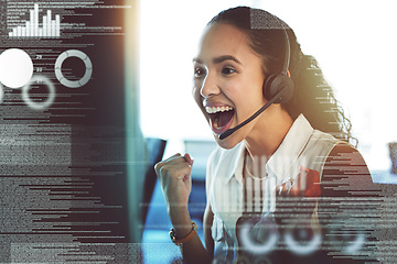 Image showing Call center success, overlay and a woman with a computer for trading and online achievement. Happy, digital and a female customer service employee excited about web support or telemarketing win