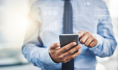 Image showing Technology, businessman with smartphone and digital hologram for schedule. Online communication or virtual connectivity, overlay or data analysis and man with cellphone for time management dashboard