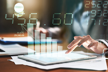 Image showing Finance, overlay and hand with a tablet at night for stats, research or communication at a desk. Digital, overtime and an accountant typing on technology with data, charts and cgi numbers in the dark