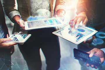 Image showing Tablet, overlay and accounting with business people in collaboration to research information on graphs for planning. Hands, technology and finance with a corporate team standing in a huddle at work