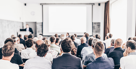 Image showing Business speaker giving a talk at business conference event.