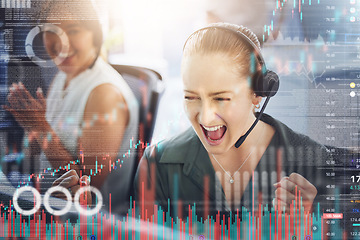 Image showing Call center, winning and woman in overlay data, graphs analytics and statistics in sales, profit and celebration. Wow, success and excited telecom people for telemarketing stats, target or numbers