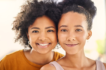 Image showing Support, portrait of female friends and happy together for positive connection or trust. Care or love, bonding time or happiness and face of cheerful women smiling for sisterhood or friendship