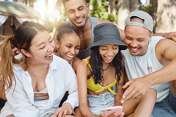 Image showing Online communication, friends with smartphone and happy for video call with a lens flare. Technology or social networking, connectivity or diversity and young people together for summer holiday