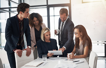 Image showing Business people, corporate meeting with tablet and planning ideas in collaboration on project proposal or pitch. Teamwork, strategy and online workshop, men and women with target management in office