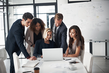 Image showing Business people, meeting with laptop and online report for planning ideas in collaboration on project proposal. Teamwork, job strategy and b2b workshop, men and women with management in modern office