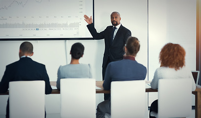 Image showing Question, coworkers in a business meeting and training in a boardroom of their workplace. Data review or strategy, collaboration or teamwork and coworkers in a conference for statistics or planning