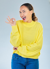 Image showing Okay, excited portrait and woman in studio, white background and vote of good review. Happy female model show ok hands for success, agreement or icon for perfect, yes emoji or satisfaction of winning