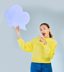 Image showing Speech bubble, portrait and woman wow, chat or social media opinion, college talk and news or university forum. Student or person surprise with communication mockup or quote sign on studio background