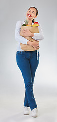 Image showing Portrait, smile and woman with grocery bag, fruit or mockup in studio isolated on a white background. Shopping, food or customer with vegetables for nutrition, healthy diet or wellness in supermarket