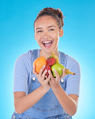 Image showing Happy, health and portrait of woman with fruit in studio for healthy eating, wellness and diet. Food, lose weight and female person on blue background with apple, orange and banana for nutrition