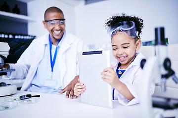 Image showing Chemistry, tablet and father with child in laboratory for medical research, science and education. Healthcare, medicine and scientist dad with girl on digital tech for knowledge, learning and school