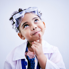 Image showing Child, thinking and face of scientist girl in studio with .hand on chin, goggles and idea. Happy African kid student with solution or problem solving medical science, education or biology experiment